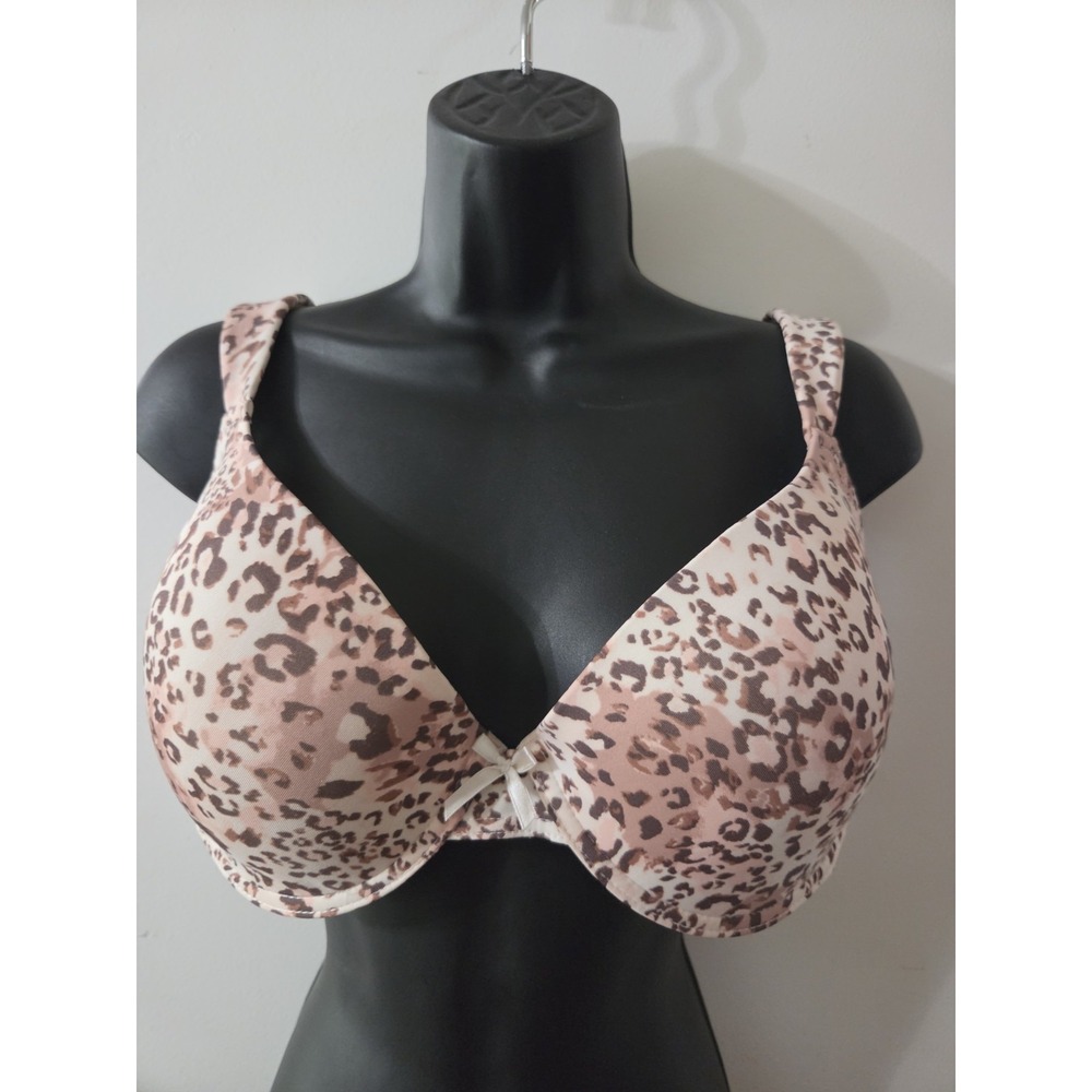 Delta Burke T-shirt Bra Size 38DD Pink Leopard Print Underwire Lightly Padded